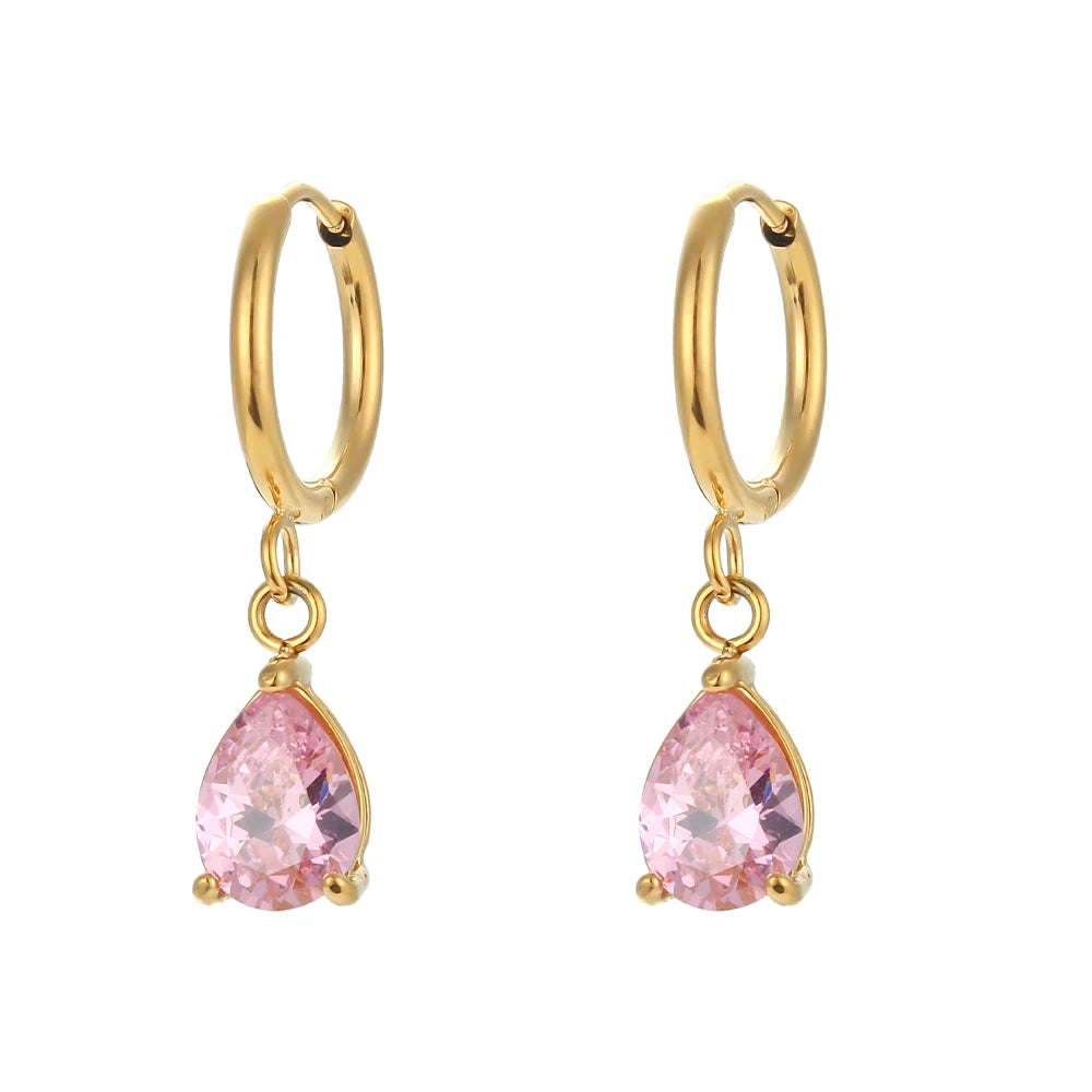 Brinco Argola com Pedra Cristal Pendente Banhado a Ouro 18K